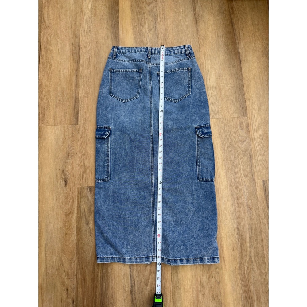 Denim Cargo Maxi Skirt High Waisted Front Slit preppy indie hippie - Picture 7 of 7